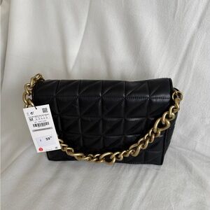 Zara Black Quilted Shoulder Bag with Gold Chain